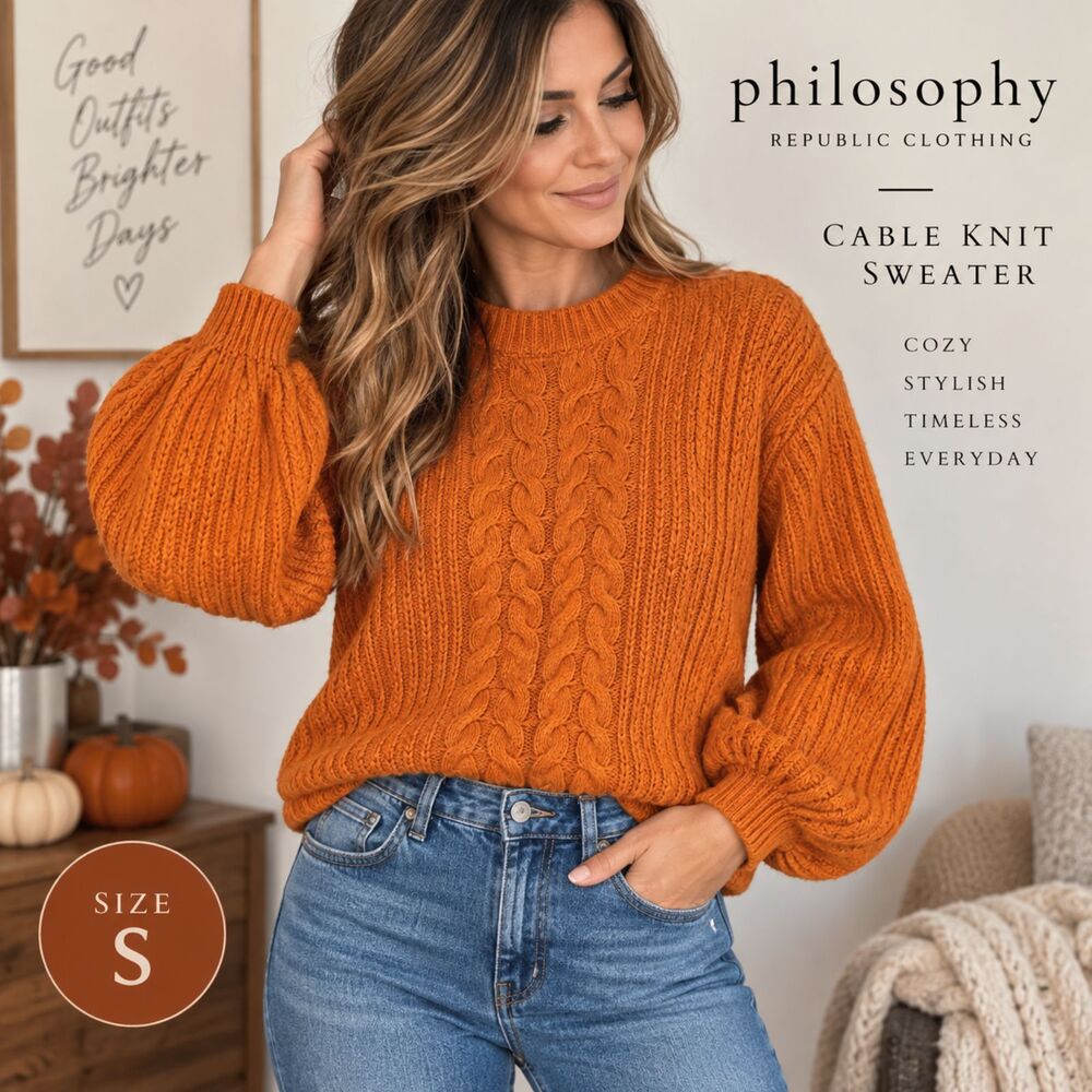 Philosophy Republic Clothing Sweater S Orange Cable Knit Balloon Sleeve Pullover